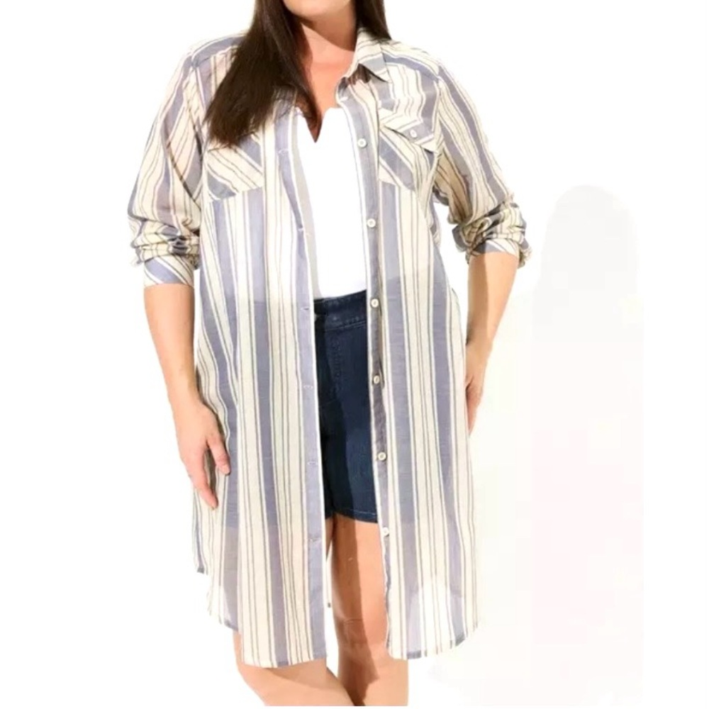 Torrid Blue Stripe Voile Drop Shoulder Shirt Kimono Size 2X